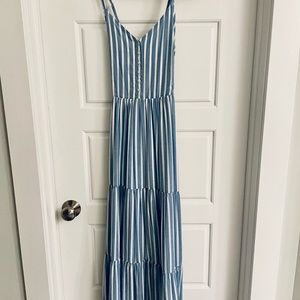 Blue and white stripe tiered maxi